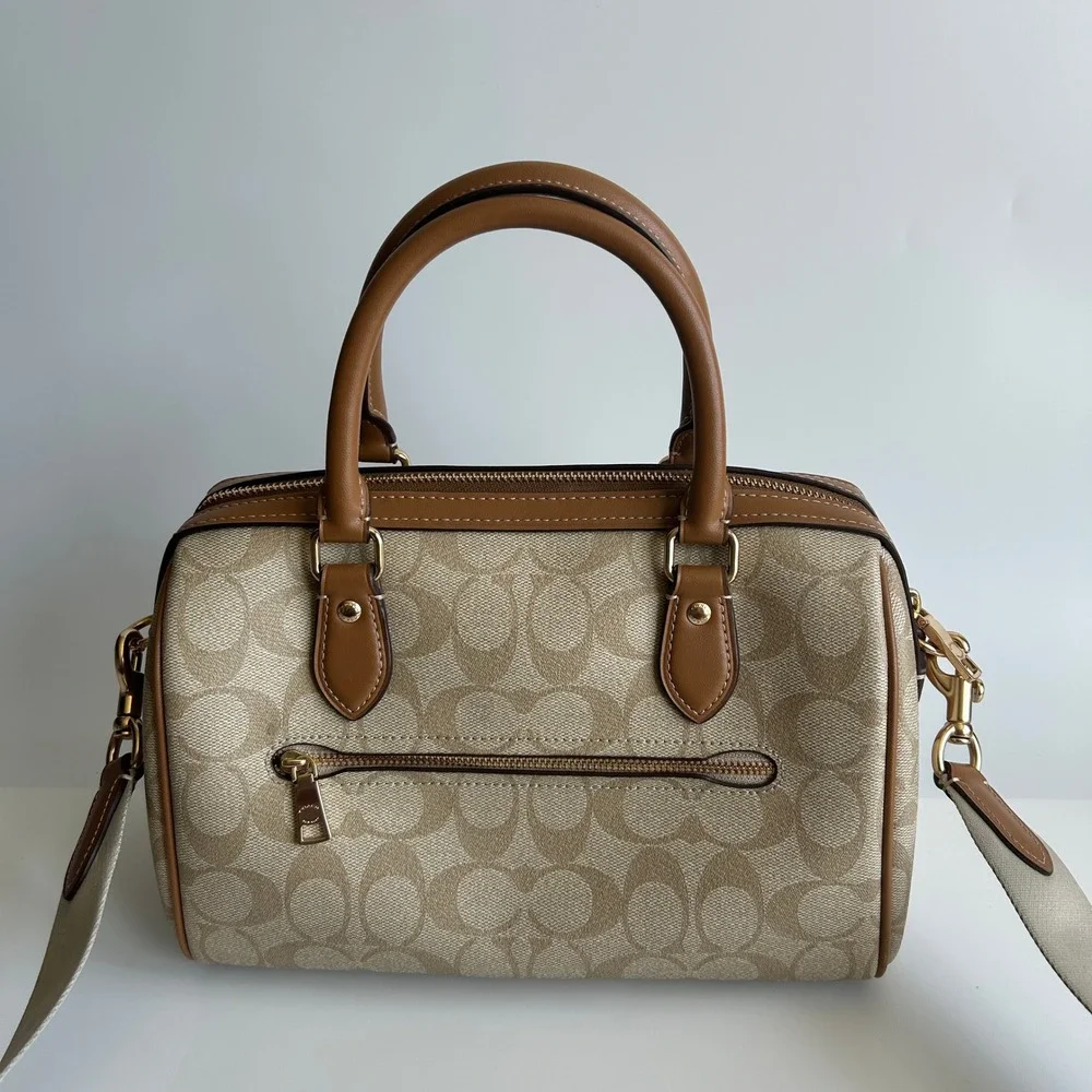 Coach Rowan Satchel Light Khaki Chalk Stripe Signature Canvas CR122